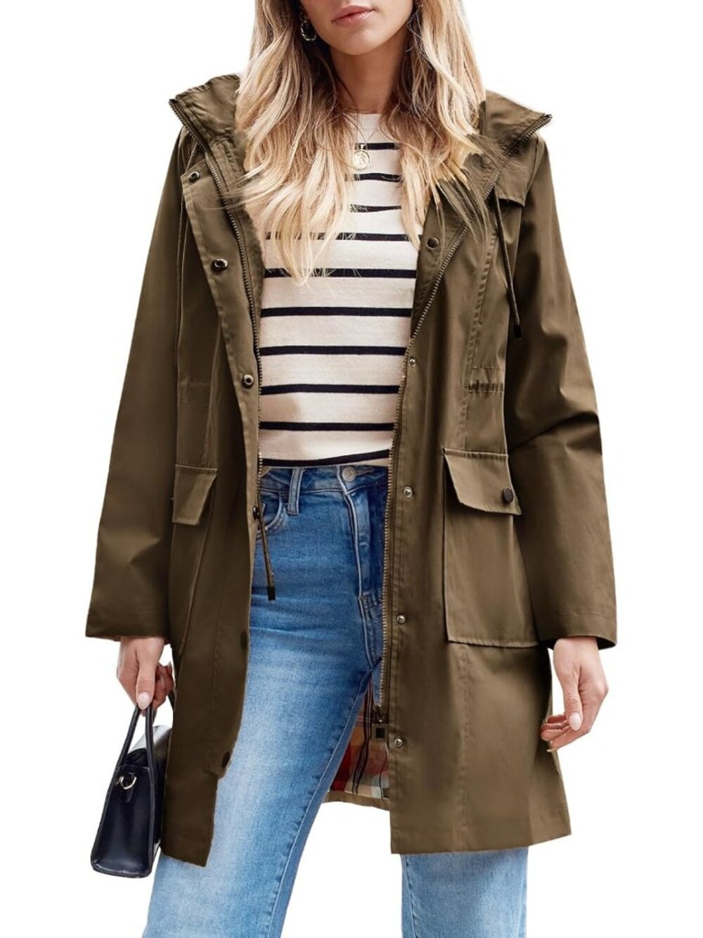 Women's Brown Plaid Long Raincoat Hooded Windbreaker Waterproof Trench Coat